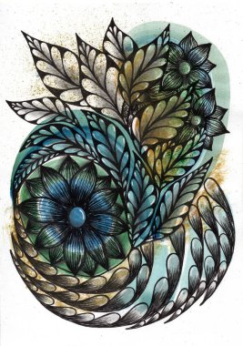 Kompozisyonun merkezinde, mandalayı andıran koyu mavi-yeşil taç yaprakları olan büyük bir stilize çiçek bulunur. Dinamik botanik elementlerle çevrilidir: ayrıntılı damarlı zarif yapraklar ve gözyaşı damlası şekilli desenler.