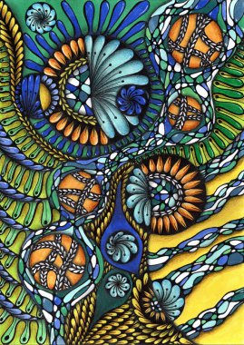 Karışık medyada canlı ve detaylı bir soyut illüstrasyon. Bileşim doğal motiflerin bir kombinasyonu üzerine inşa edilmiştir: sarmal çiçekler, pullu dokular ve hasır sepetleri veya buğday kulaklarını andıran yuvarlak elementler..