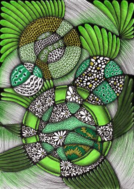 Kompozisyonun merkezinde birbirine dolanmış üç küresel obje var, her biri eşsiz mikro desenlerle dolu: narin papatyalar, pullu dokular. Bu ayrıntılı grafik çizimi, organik formlarla titiz geometrik ayrıntıları birleştirir..