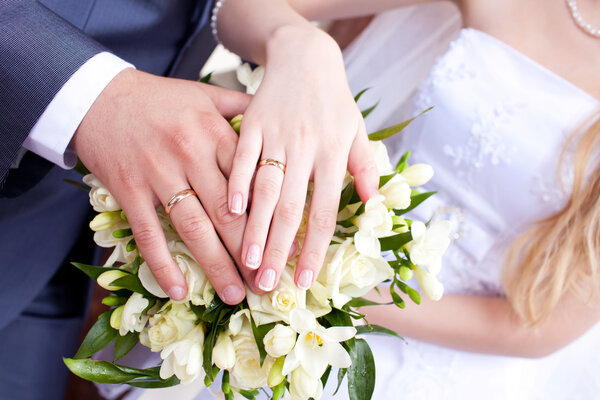 Bride and groom hands with wedding rings