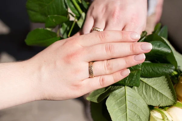 Sposa e sposo mani con anelli — Foto Stock