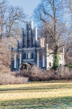 Karmaşık tuğlaları ve dekoratif unsurları olan eşsiz, tarihi bir kule bir park ortamında duruyor. Kulede, çıplak dallar ve canlı sarı zemin örtüsüyle çevrili bir saat yüzü ve kemerli pencereler yer alıyor. Gökyüzü açık ve açık.