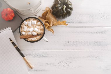 Marşmelovlu sıcak çikolata kupası, Not defteri, kalem, balkabağı, akçaağaç kuru yapraklar beyaz ahşap, üst manzara,