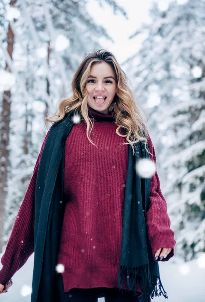 Mujer Rubia Blanca Suéter Rojo Con Bufanda Negra Bosque Invierno —  Fotos de Stock