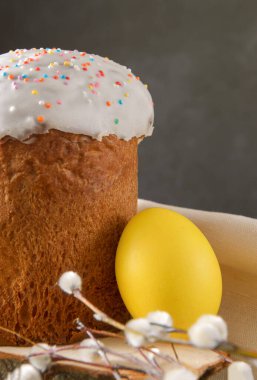 Söğüt dallı paskalya pastası ve koyu arkaplanda 1 sarı yumurta.
