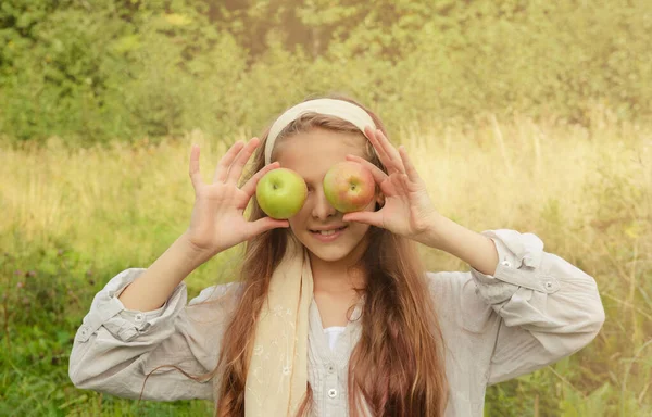 Year Old Girl Green Apples Grass — Photo