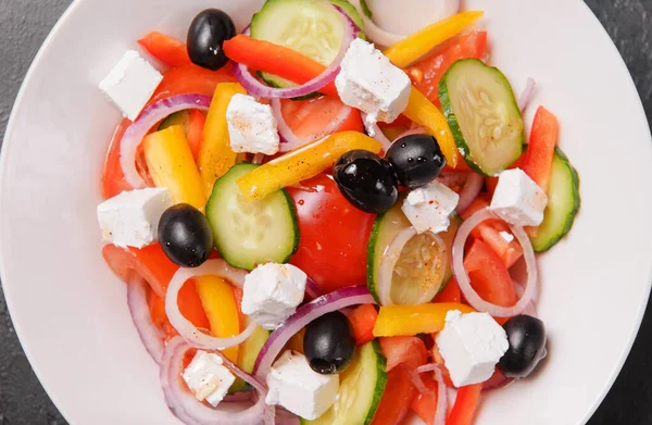 Plate Greek Salad Vegetables Feta Olives Top View Close — Stock fotografie