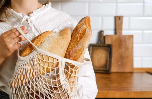 Woman White Blouse Bread Bag Kitchen — Stock Photo, Image