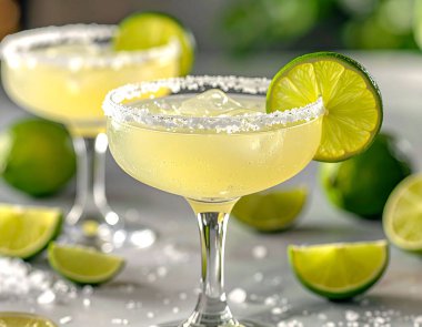 Limonlu ve tuzlu margarita içecekler hafif bir yüzeye serinliyor.