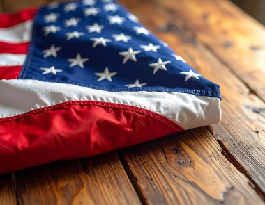 Birleşik Devletler bayrağı, vatanseverliğin ve özgürlüğün sembolü, dokulu ahşabın üzerinde dinleniyor.