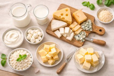 Süt, peynir, tereyağı ve yoğurt gibi çeşitli süt ürünleri.