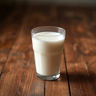 Sıkıntılı, siyah bir tahta yüzeyde duran bir bardak taze süt, doğal besinleri ön plana çıkarıyor.