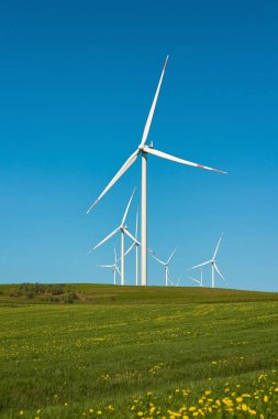 Rüzgâr çiftliği açık mavi gökyüzünün altında yeşil bir arazide temiz elektrik üretiyor.