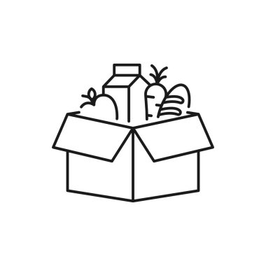 Yiyecek bağışları, lineer ikon, kiler, yemek bankası yemeği yardım hattı logo kutusu. Gönüllü insani faaliyetler. Beyaz arkaplan EPS 10 üzerinde düzenlenebilir vuruş vektör illüstrasyon tasarımı