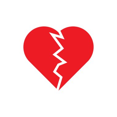 Red Heart iki parçaya ayrılmış vektör ikonu ya da logosu, kırık kalp konsepti, ayrılık ya da boşanma, kalp kırıklığı pişmanlığı, ayrılmış çift, trajik aşk. Kırık Kırmızı Kalp Emoji.