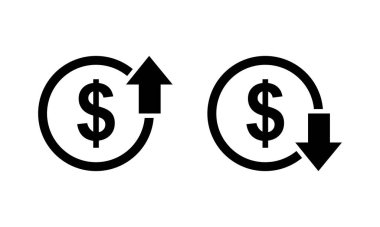 Dolar fiyat artışı ve düşüş ikonu seti. Yükselen ve düşen bir dizi para birimi sembolü. Beyaz bir arka planda izole edilmiş, dış hatları ve dolgusu olan yukarı ve aşağı oklu bir dolar..