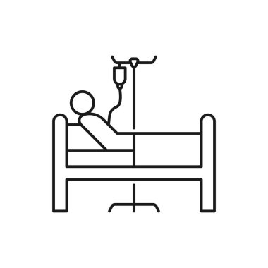 Hasta yatak ikonu. Tıbbi tedavi. Hastane yatağında yatan biri. İnfüzyon geçiren bir adam. Sedye yatağında yatmak, düzelme şekli düzenlenebilir felç. Beyaz arkaplanda Vektör illüstrasyon Tasarımı