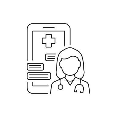 Online danışmanlık ikonu. Sağlık danışmanlığı için internet üzerinden tıbbi yardım, acil telefon. Teletıp. Piktogram hattı. Düzenlenebilir vuruş vektörü illüstrasyonu. Beyaz arka planda tasarım. EPS 10