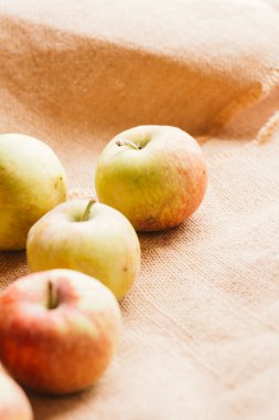 arka plan çuval bezi üzerinde birkaç taze kırmızı elma