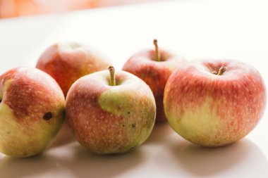 ışık beyaz zemin üzerine taze kırmızı elmalar