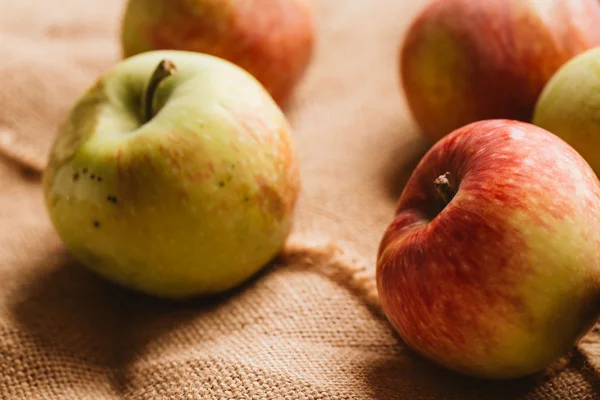 arka plan çuval bezi üzerinde birkaç taze kırmızı elma