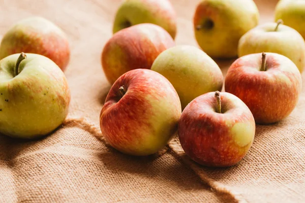 arka plan çuval bezi üzerinde birkaç taze kırmızı elma