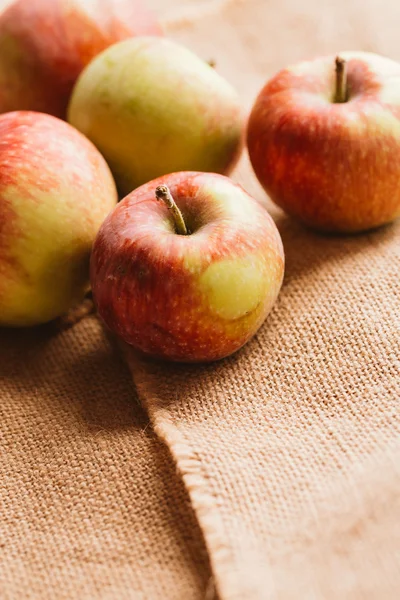 arka plan çuval bezi üzerinde birkaç taze kırmızı elma