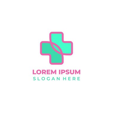 Vektör sağlık logosu, çizgi sanatı ve şekil kombinasyonu tarzı koyu pembe ve naneli. ilaç artı simge