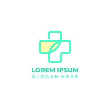 Vektör sağlık logosu, hat sanatı ve şekil kombinasyonu tarzı nane ve sarı. ilaç artı simge