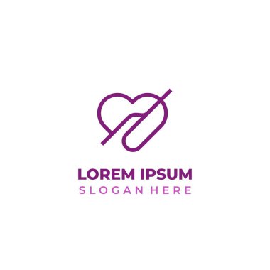 Kalp şeklinde vektör sağlık logosu, çizgi sanatı tarzı, mor renk. İlaç logosu için kalp simgesi