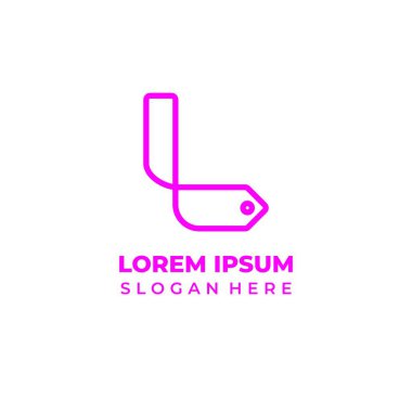 Başlangıçta L dükkanı vektör logosu, L harfi ile eşsiz fiyat etiketi sembolü, basit çizgi sanatı biçimi