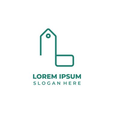 Başlangıçta L dükkanı vektör logosu, L harfi ile fiyat etiketi sembolü, basit çizgi sanatı biçimi