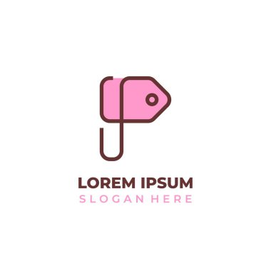 İlk P dükkanı logo vektörü, P harfi etiket sembolü, çizgi sanatı tarzı pembe renk.