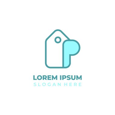 P dükkanı logo vektörü, P harfi fiyat etiketi ve ev sembolü, çizgi sanatı biçimi