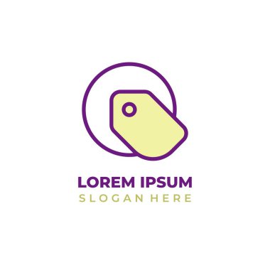 Başlangıç O dükkan vektör logosu, O harfi fiyat etiketi sembolü, çizgi sanatı stili ve sarı ve mor şekilli.