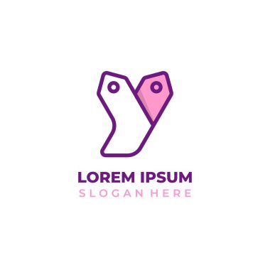 Y dükkan vektör logosu, Y harfi fiyat etiketi sembolü, çizgi sanatı stili ve şirin şekli ile birleştirilmiş.