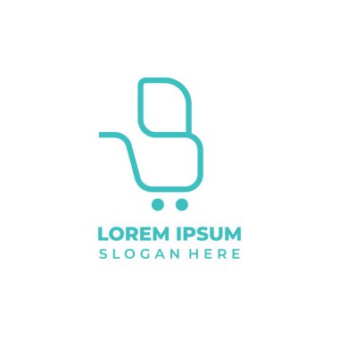 Dükkan logosu ilk harf B vektörü, çizgi sanatı stili, basit alışveriş arabası sembolü büyük harf B ile birleştirilmiş.