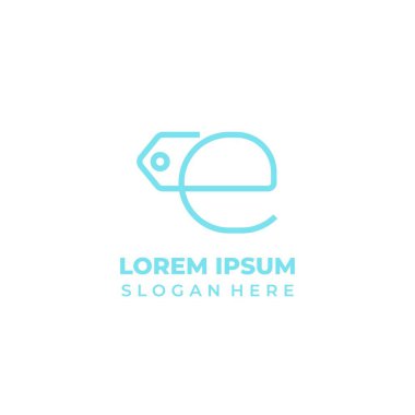 Dükkan logosu ilk harf E vektörü, çizgi stili, üzerinde fiyat etiketi olan E harfi sembolü kombinasyonu.