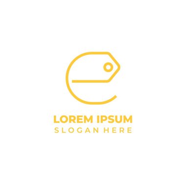 Dükkan logosu ilk harf E vektörü, çizgi sanatı biçimi, E harfi basit fiyat etiketi ile birleştirilmiş.