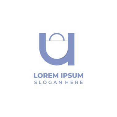 U harfi dükkan logosu, baş harfleri U harfi ve negatif alışveriş torbası.
