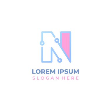 Baş harfi N olan vektör teknolojisi logosu, mavi ve pembe çizgili. Harf N simgesi