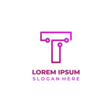 T ile başlayan vektör teknolojisi logosu, kırmızı ve pembe çizgili. T harfi simgesi