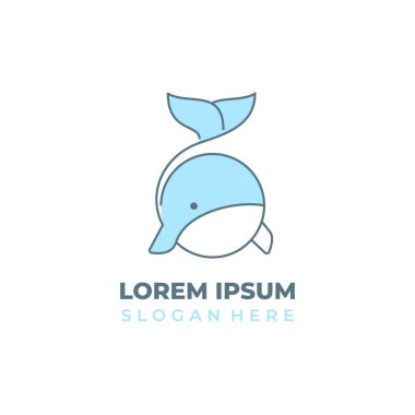 Vektör balina logosu, çizgi sanat tarzı şekillerle birleştirilmiş, gökyüzü mavisi rengi