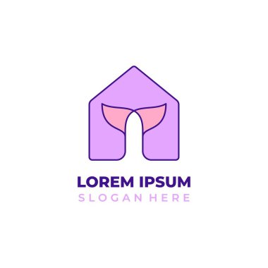 Vector balina kuyruğu logosu ev logosu, çizgi sanat tarzı şekiller, mor ve pembe renklerle birleştirilmiş.