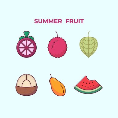 Mangosteen, rambutan, ground cherries, salak, papaya, karpuz meyve ikonları, taze tropikal tasarım, modern tasarım tarzı