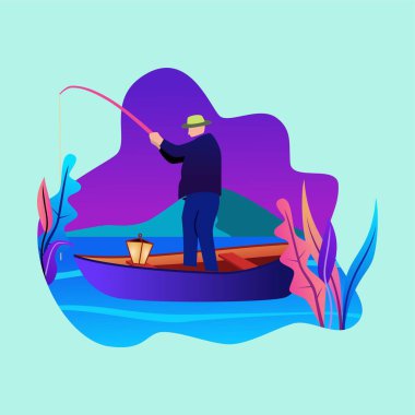 Sakin bir gölde teknede balığa çıkan ve arka planda manzaralı dağlar ve soyut bitkiler olan bir adamın renkli düz vektör çizimi. Modern gradyan tarzı tasarımı açık hava, macera ve doğa temaları için mükemmeldir..