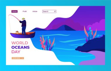 Sakin bir gölde teknede balığa çıkan ve arka planda manzaralı dağlar ve soyut bitkiler olan bir adamın renkli düz vektör çizimi. Modern gradyan tarzı tasarımı açık hava, macera ve doğa temaları için mükemmeldir..