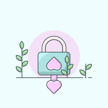 Sevimli aşk asma kilit çizimi, tatlı düğün bağlılığı sembolü vektörü