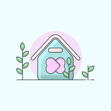 Gelin ve damat için yeni bir hayatın sembolü olan iki sevimli vektör aşk sembollü ev tasviri