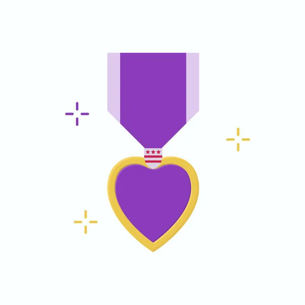Mor Kalp madalyası düz vektör çizimi, mor kalp şekli ve altın çerçeve, etrafında dekoratif kurdele ve parlak elementlerle tamamlanmış.